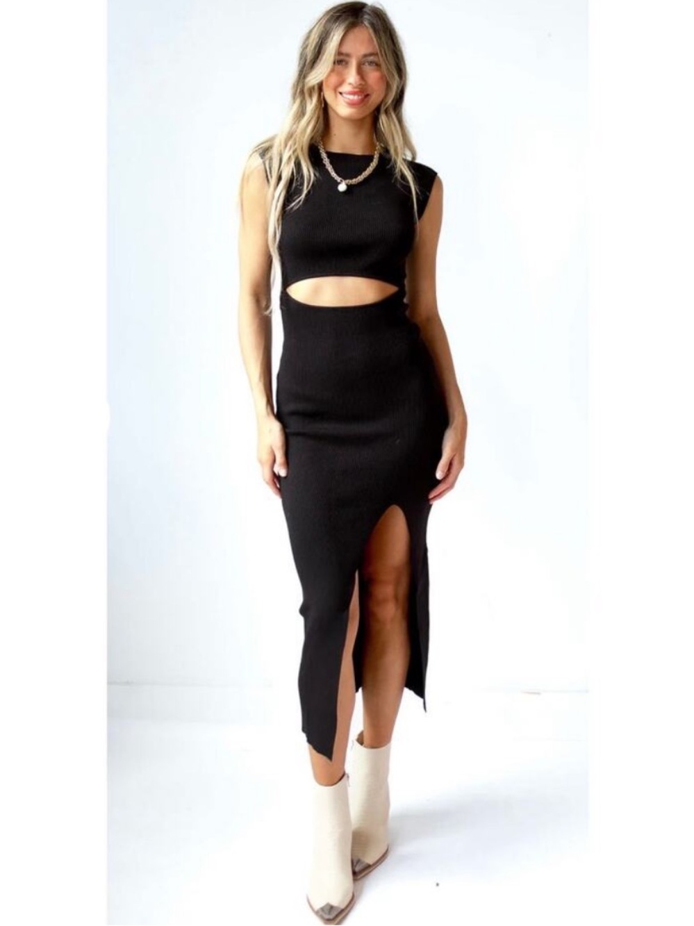 Mimosa Millie Black Midi Dress with Cut Out Size Small